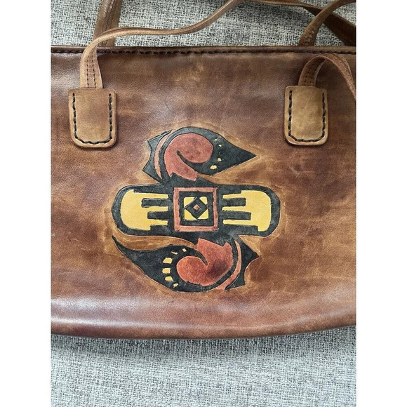 Vtg Brown Leather Shoulder Bag Boho Native American Polychrome Geometric Figure - Picture 4 of 11